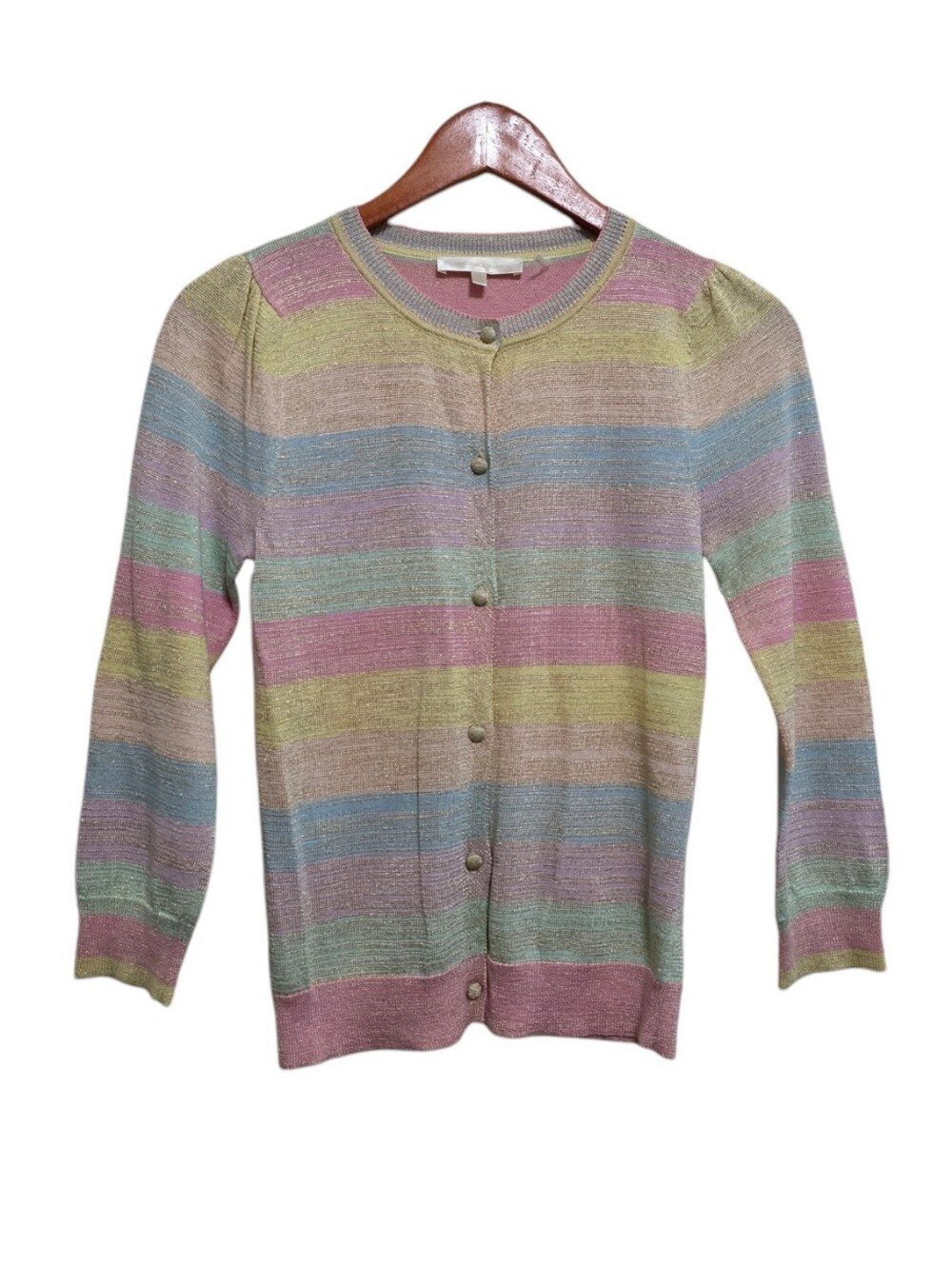 LoveShackFancy Knit Cardigan in Pastel Rainbow Metallic Stripe Size 12Y